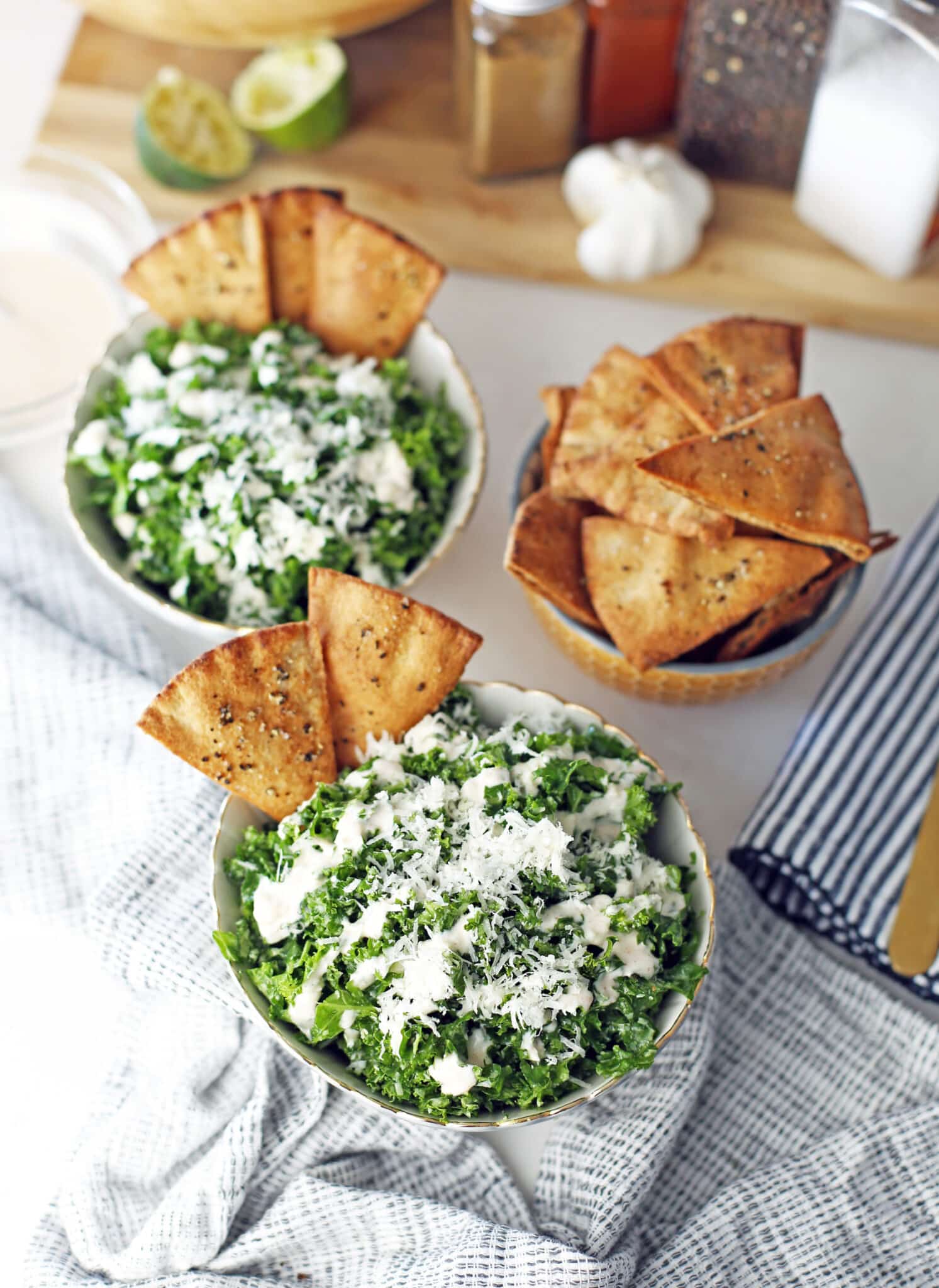 Parmesan Kale Salad with Garlic Lime Dressing and Pita Chips - Yay! For ...