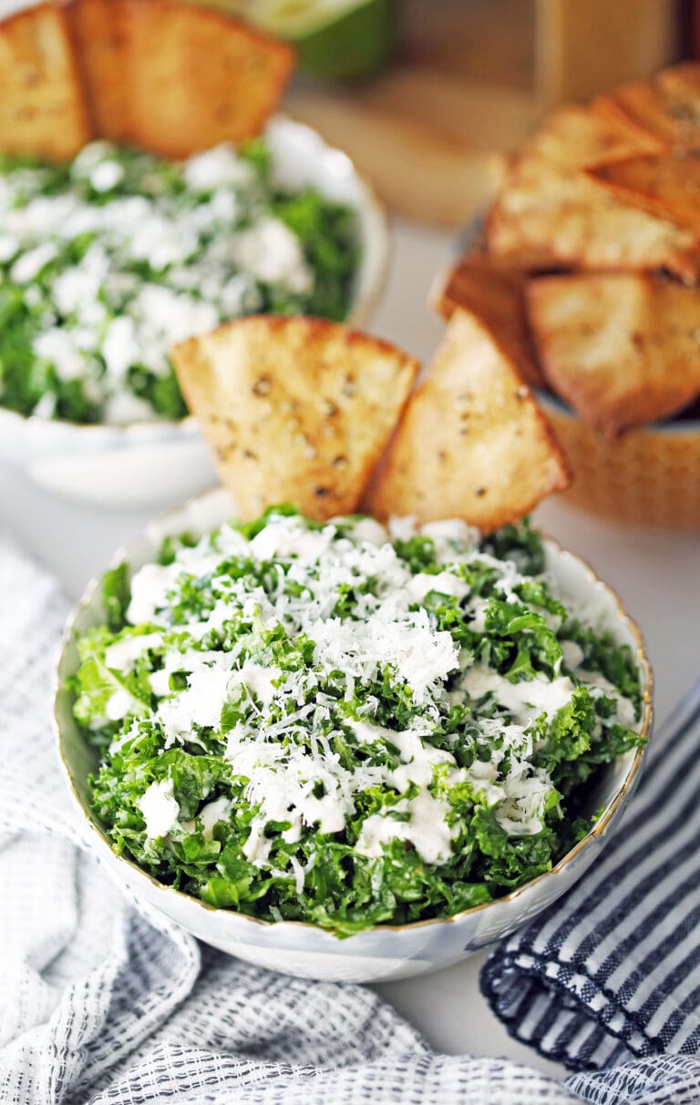 Parmesan Kale Salad with Garlic Lime Dressing and Pita Chips - Yay! For ...